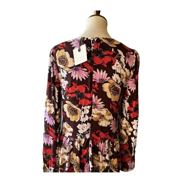 Hinge Women's Pintuck Floral Burgundy Fudge Wild Bouquet Mini Dress Size S - Picture 2 of 16